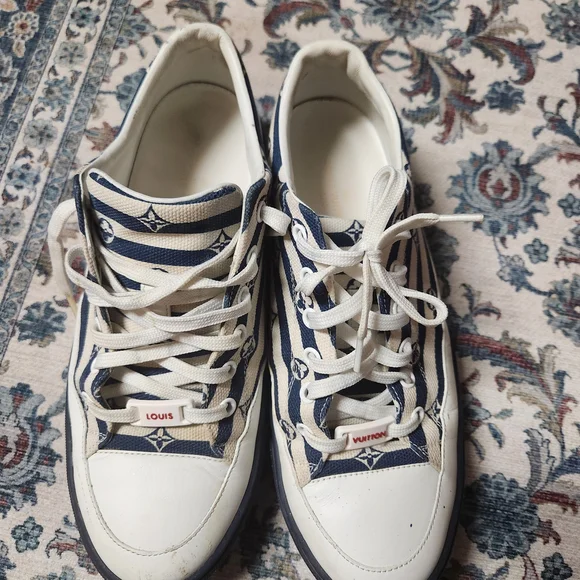 Louis Vuitton Navy and White Striped Sneakers - Picture 1 of 9